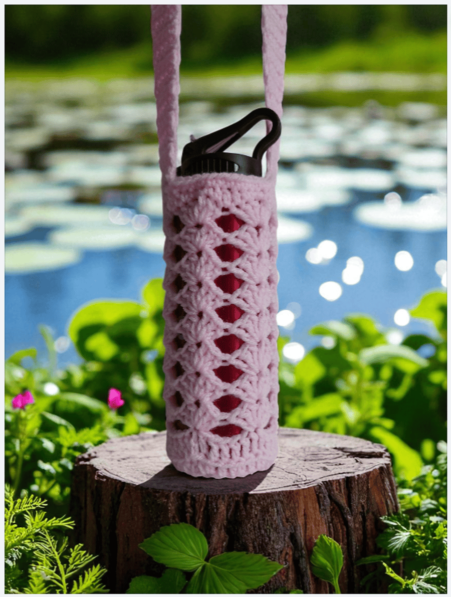 Hand Crochet Water Bottle Holder Crossbody Water Bottle Carrier - Light Pink