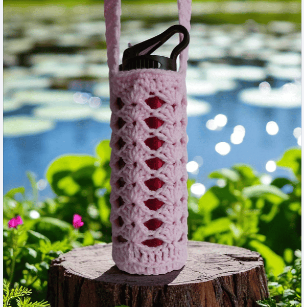 Hand Crochet Water Bottle Holder Crossbody Water Bottle Carrier - Light Pink