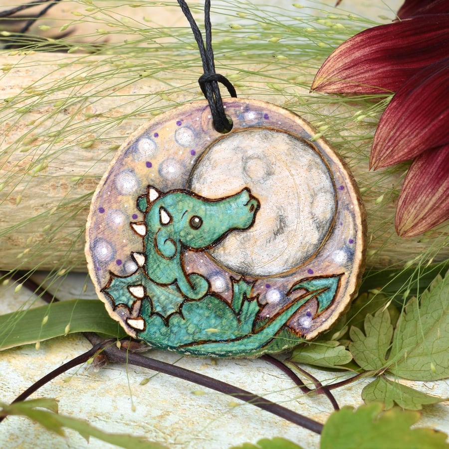 Dragon moongazer hanging slice. Pyrography cute personalised decoration.