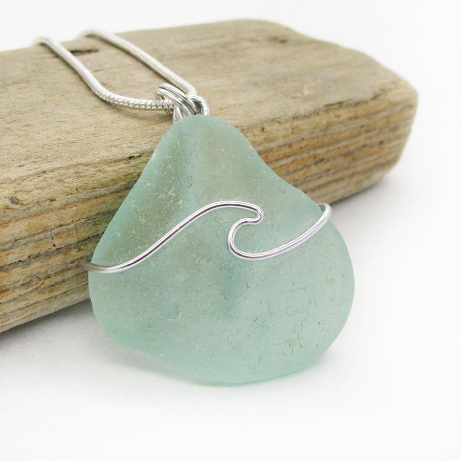 Sea Glass Pendant - Aqua Green - Scottish Silver Wire Wrapped Wave Jewellery