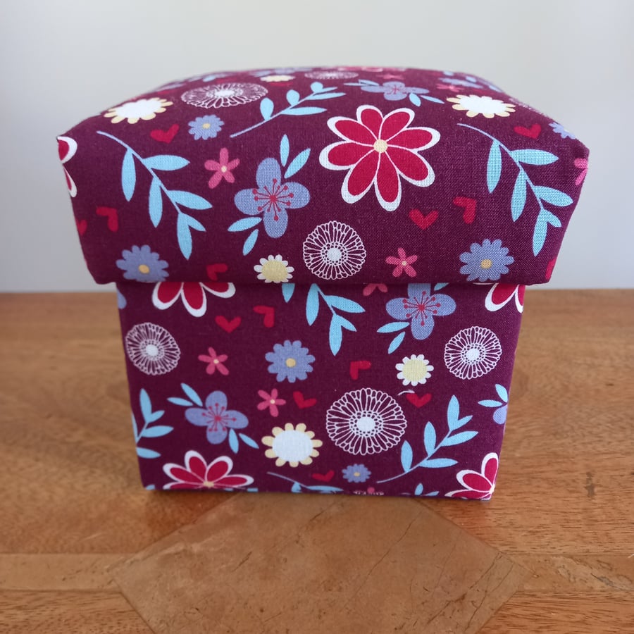 Burgundy floral fabric covered trinket box