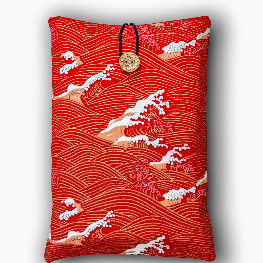 Red & Gold Wave Book Sleeve – Japanese Cotton Book Protector with Coconut Button