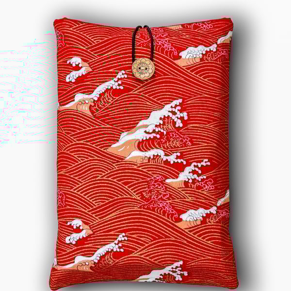 Red & Gold Wave Book Sleeve – Japanese Cotton Book Protector with Coconut Button