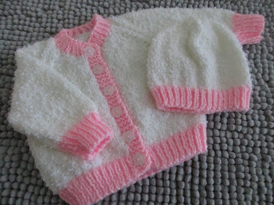 14" Newborn White Round Neck Boucle Baby Set (Cardigan and Hat)