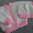 14" Newborn White Round Neck Boucle Baby Set (Cardigan and Hat)