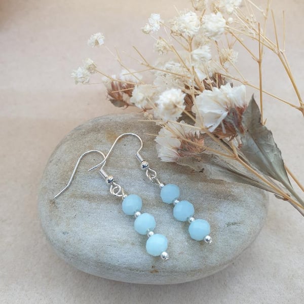 silver plated earrings with faceted light blue czech glass beads boho