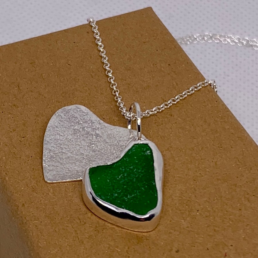 Light Sage Green Sea Glass and Reticulated Silver Love Heart Pendant - 1028