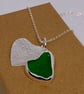 Light Sage Green Sea Glass and Reticulated Silver Love Heart Pendant - 1028