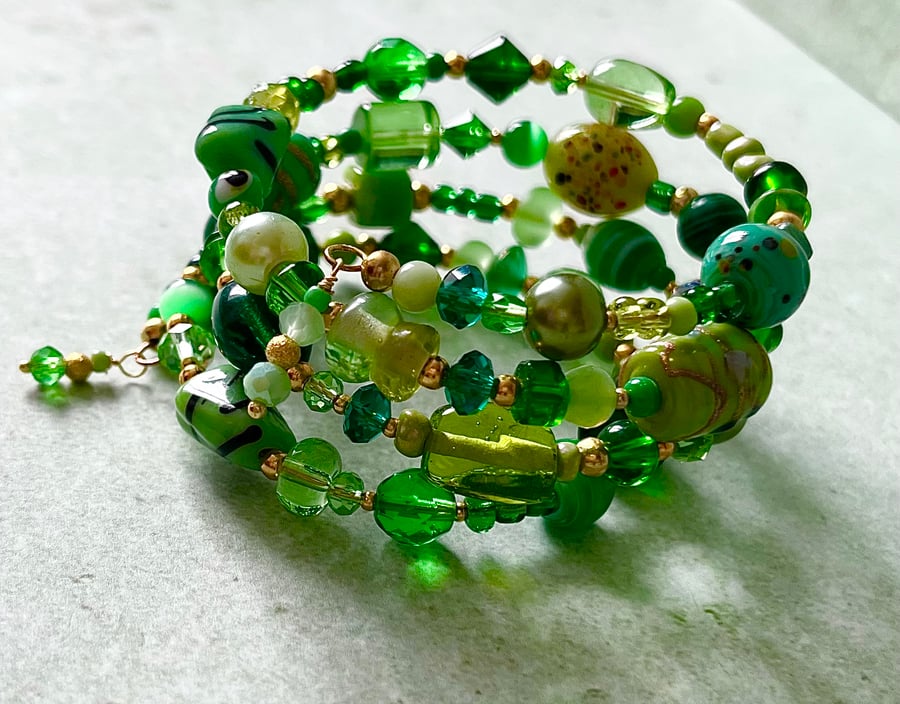 Multi Green Glass Bead Memory Wire Bracelet .238