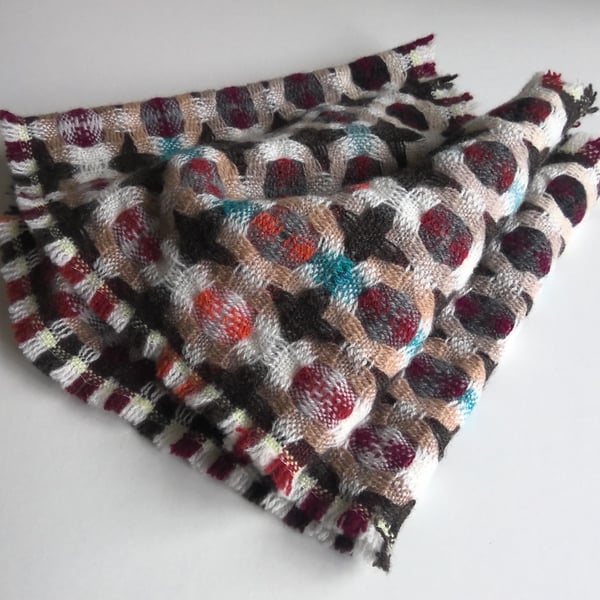 Handwoven Lambswool Cowl in Reds and Brown 1