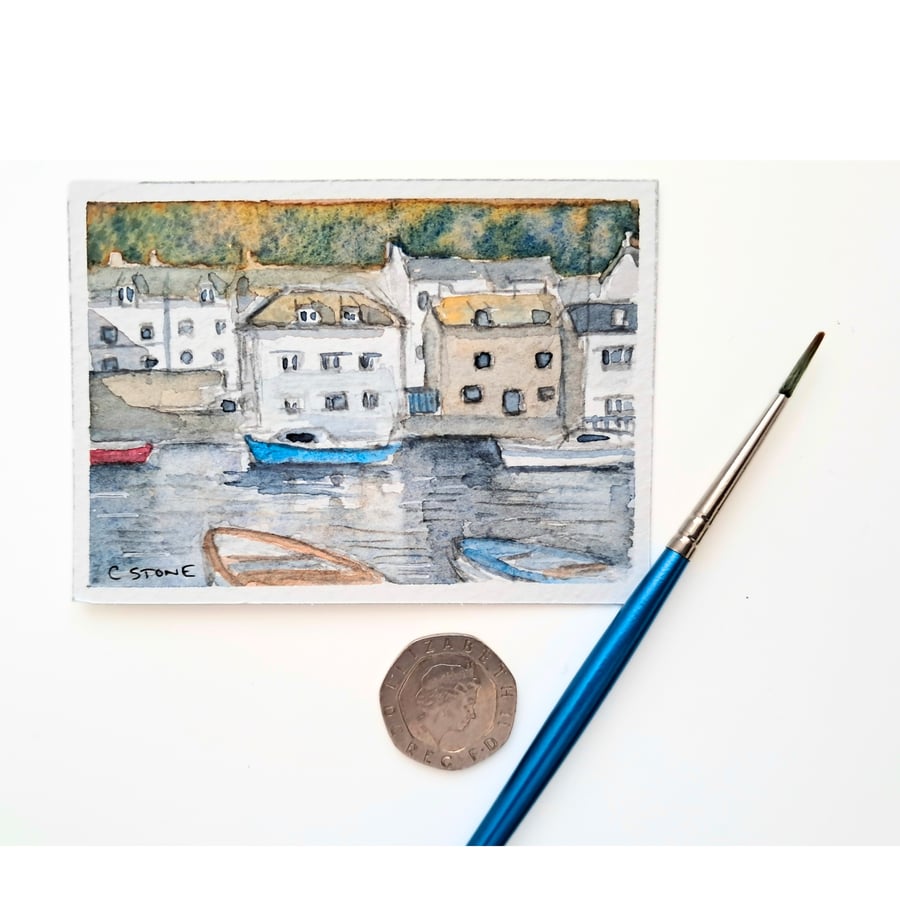 Original ACEO Watercolour Miniature Painting, Polperro Harbour, Cornwall