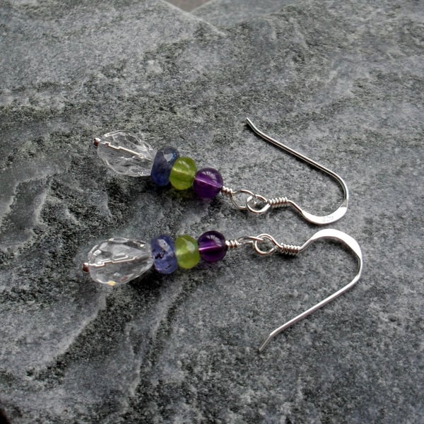 Sterling Silver Tanzanite Amethyst Peridot and Quartz Drop Earrings