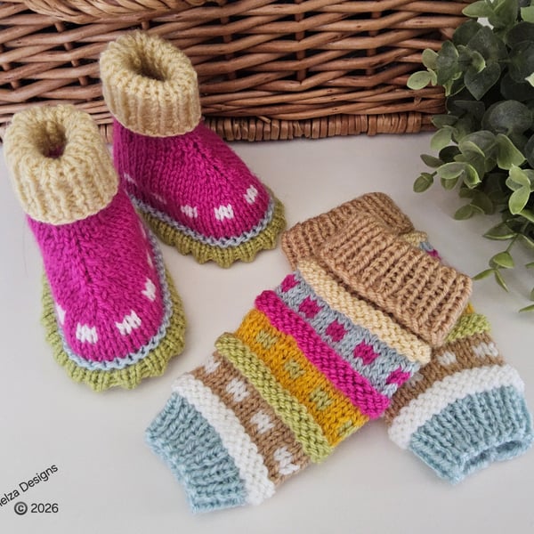 Baby Girl's Hand Knitted Booties and Leg Warmer Set 3-9 months