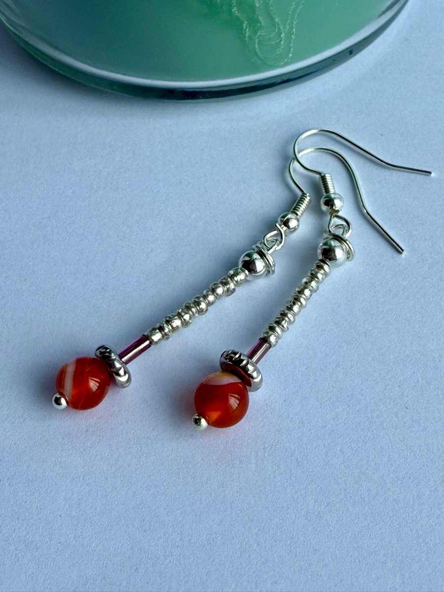 Agate and Glass Seed Bead Dangle Earrings