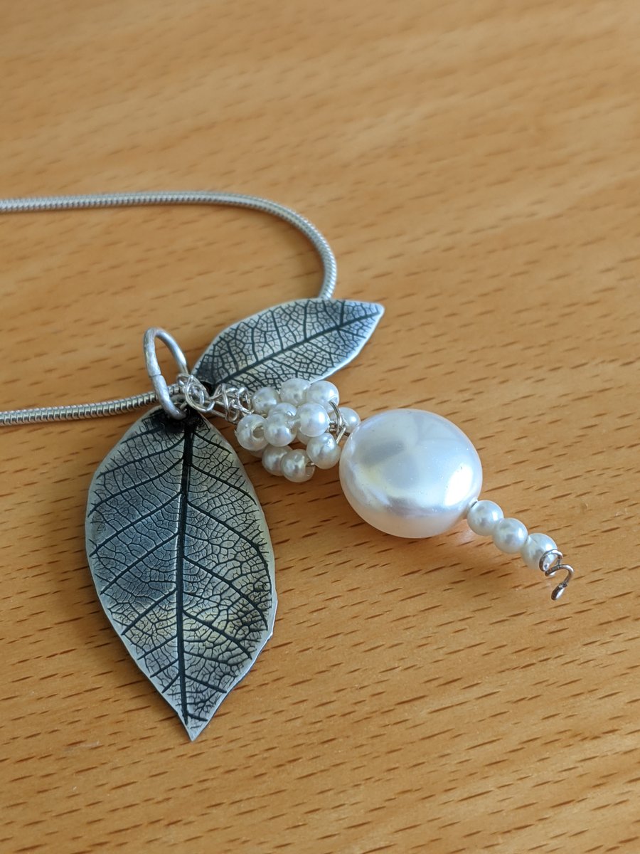 Silver leaves, seed pearl and Swarovski coin pearl handcrafted pendant