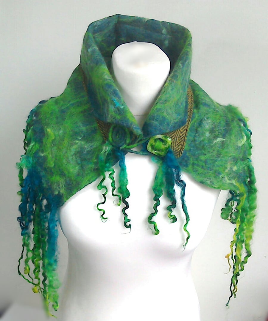 Scarf collar green mix felted merino wool and Harris Tweed
