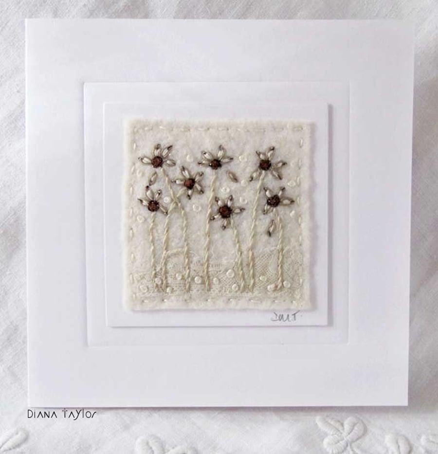 HAND EMBROIDERED GREETINGS CARD WINTER FLOWERS