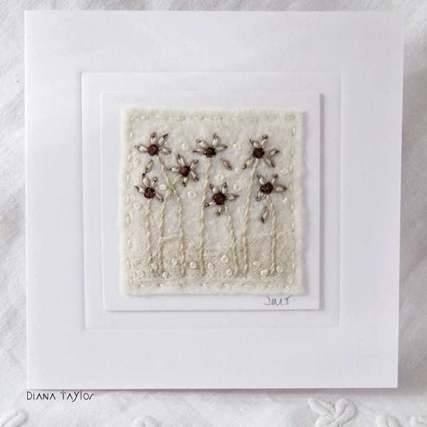 HAND EMBROIDERED GREETINGS CARD WINTER FLOWERS