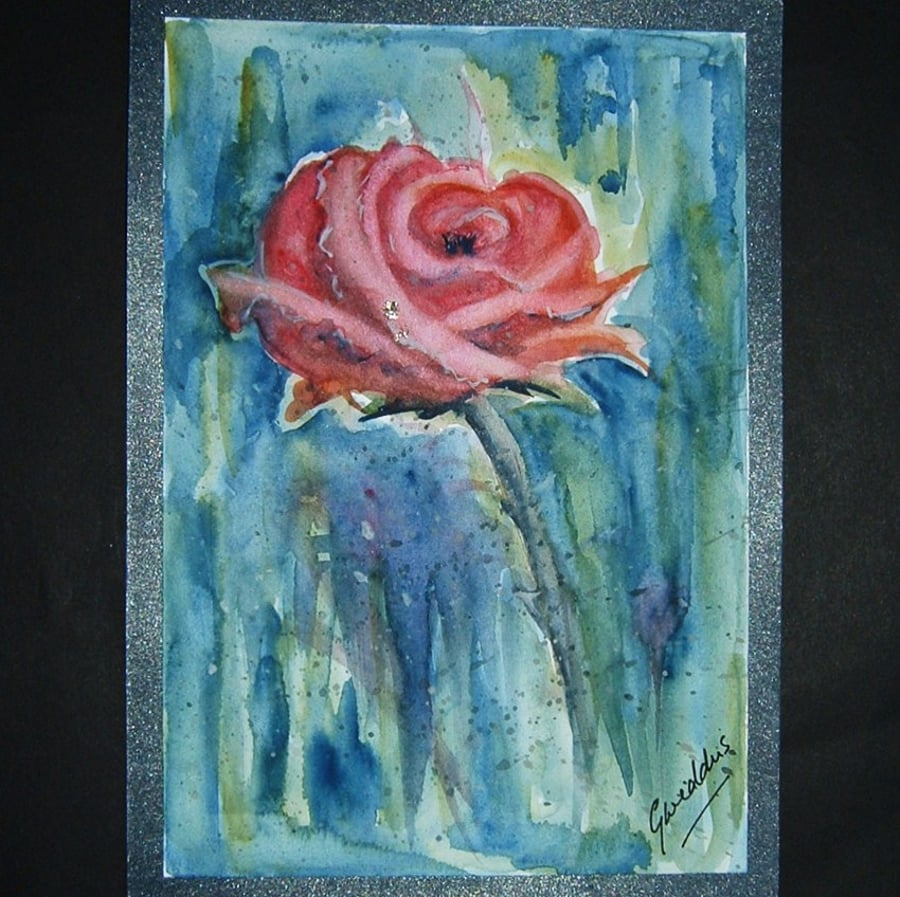 SFA 7"x5" art painting watercolour rose with glitter. 127