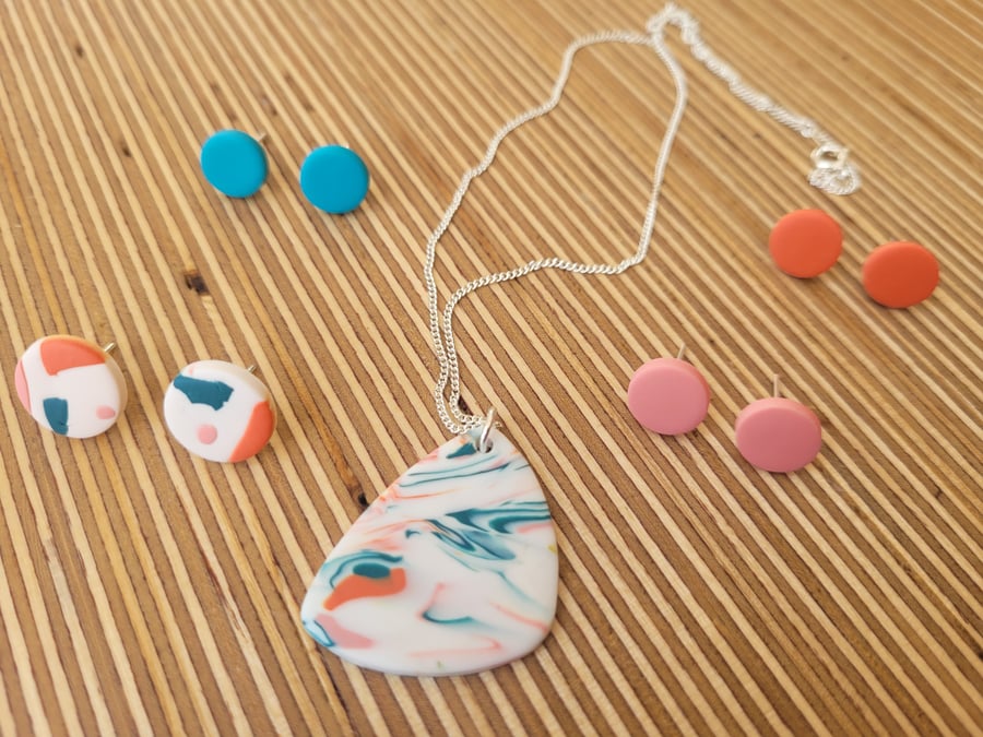Beautiful Bundle - Polished Pebble Polymer Clay Pendant and Earrings - Graf 3