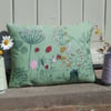 Hedgerow flowers - Green Cotton Canvas Cushion  Screen printed