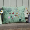 Hedgerow flowers - Green Cotton Canvas Cushion  Screen printed