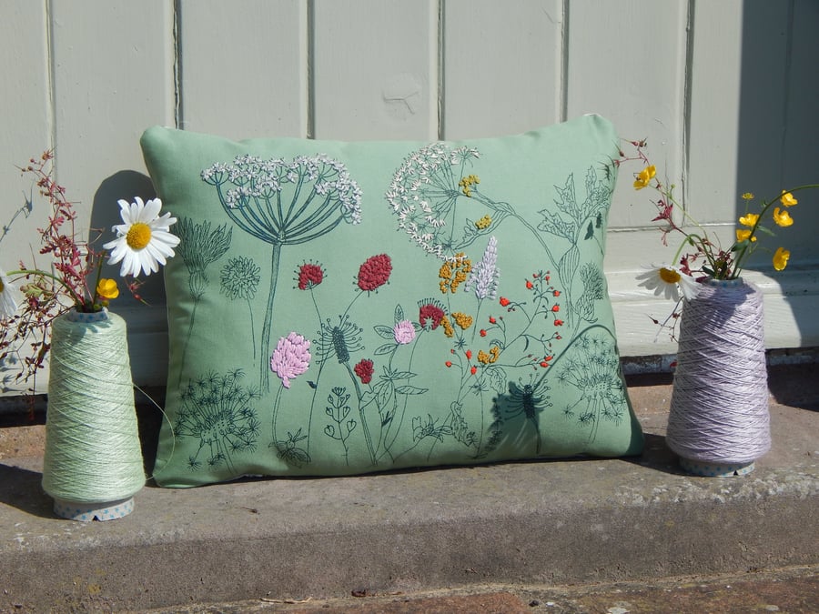 Hedgerow flowers - Green Cotton Canvas Cushion  Screen printed