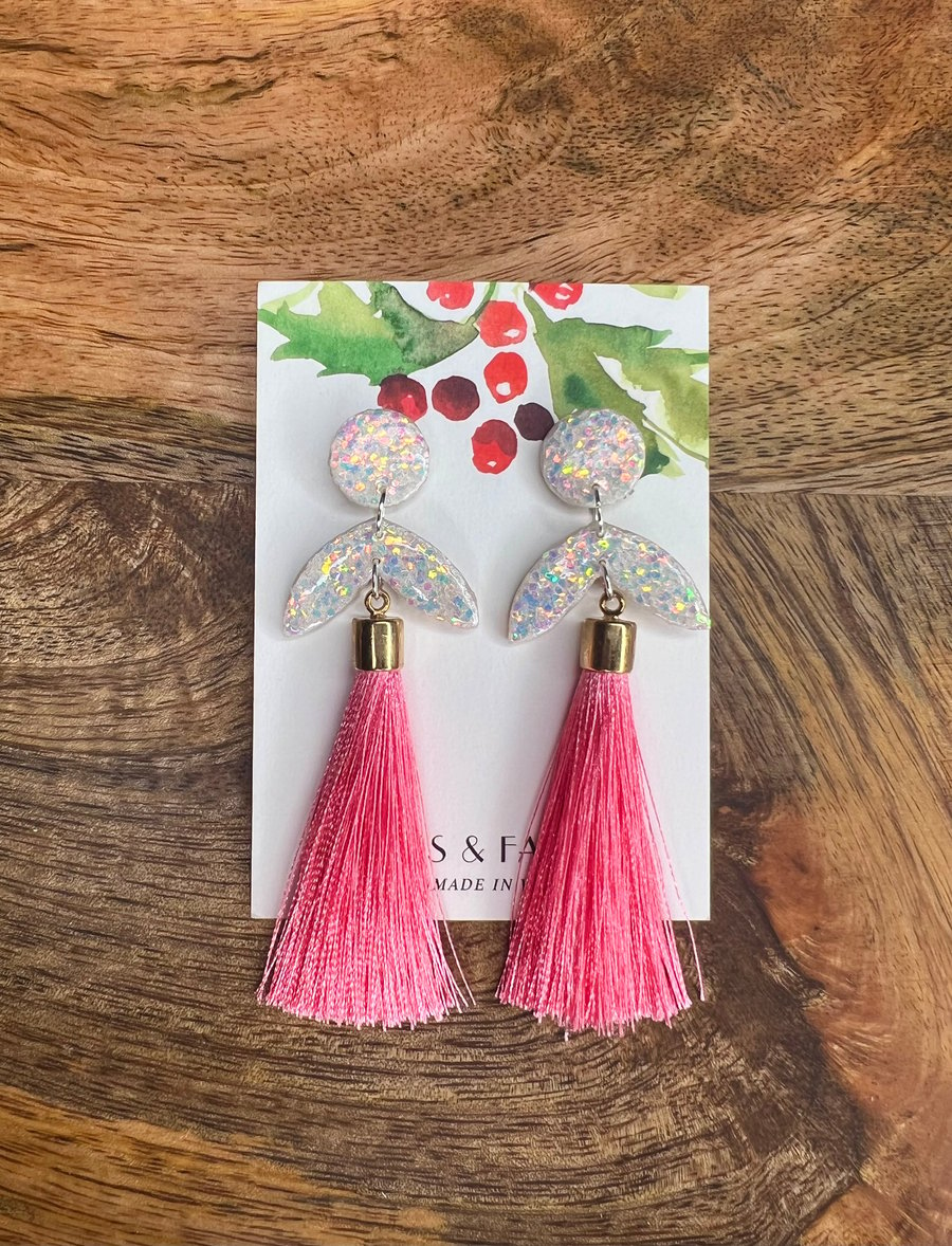 Snow Fairy Sparkly Pink Tassel Earrings 