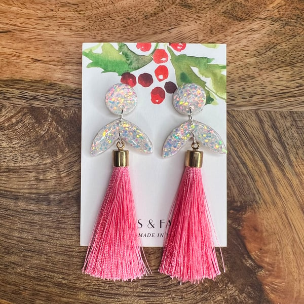Snow Fairy Sparkly Pink Tassel Earrings 