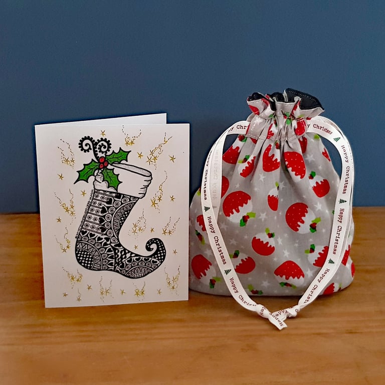 Mini Christmas Pudding Reusable Gift Bag - Drawstring Storage Bag