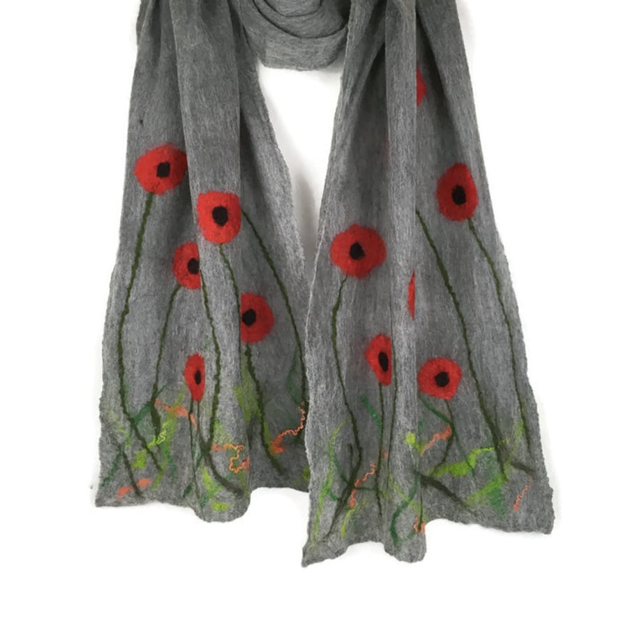 Lightweight grey nuno felted poppy scarf, merino wool on silk
