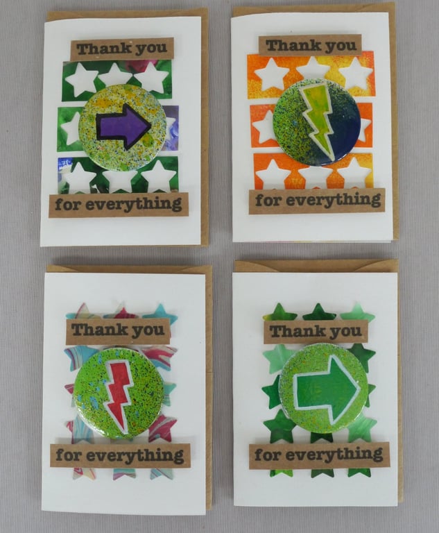 4 x Badges, Shape Badges, Badge Cards, Thank You Cards, Keepsake Cards