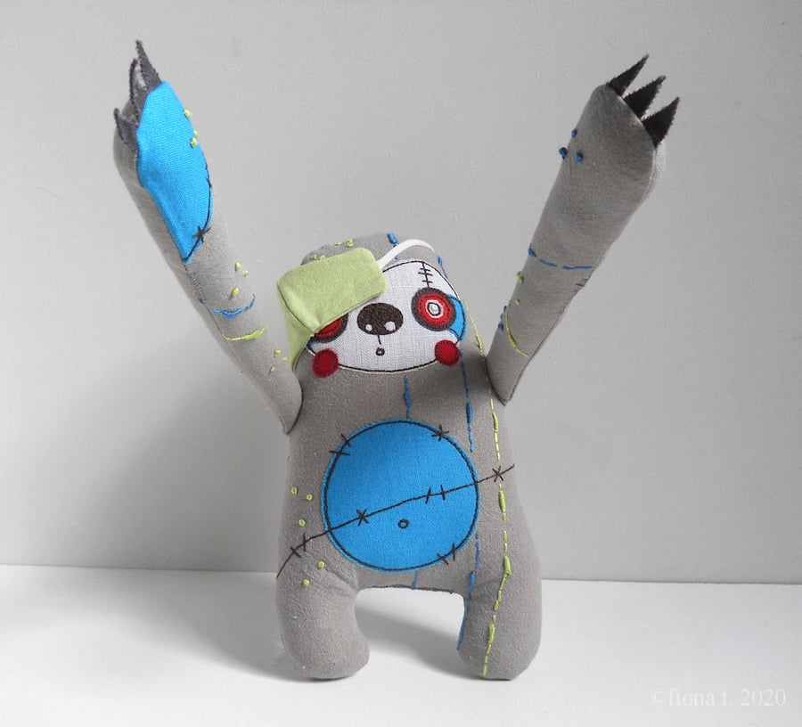 free machine embroidery hand embroidered zombie sloth - blue