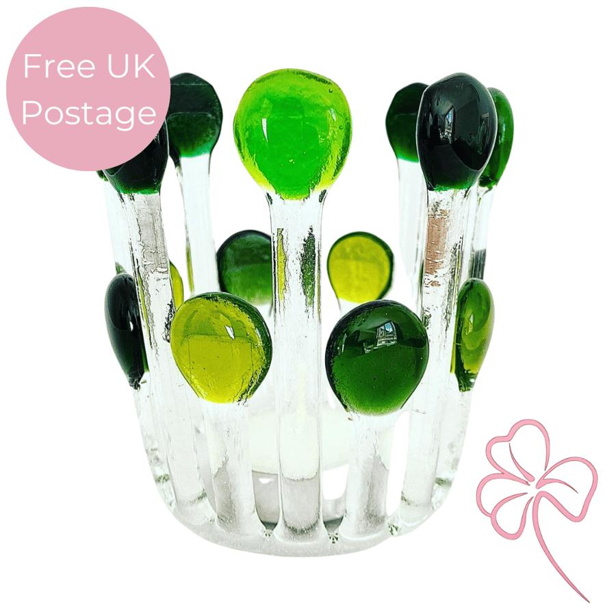 Handmade Green Stem Fused Glass Candle Cage - Glass Tealight Holder