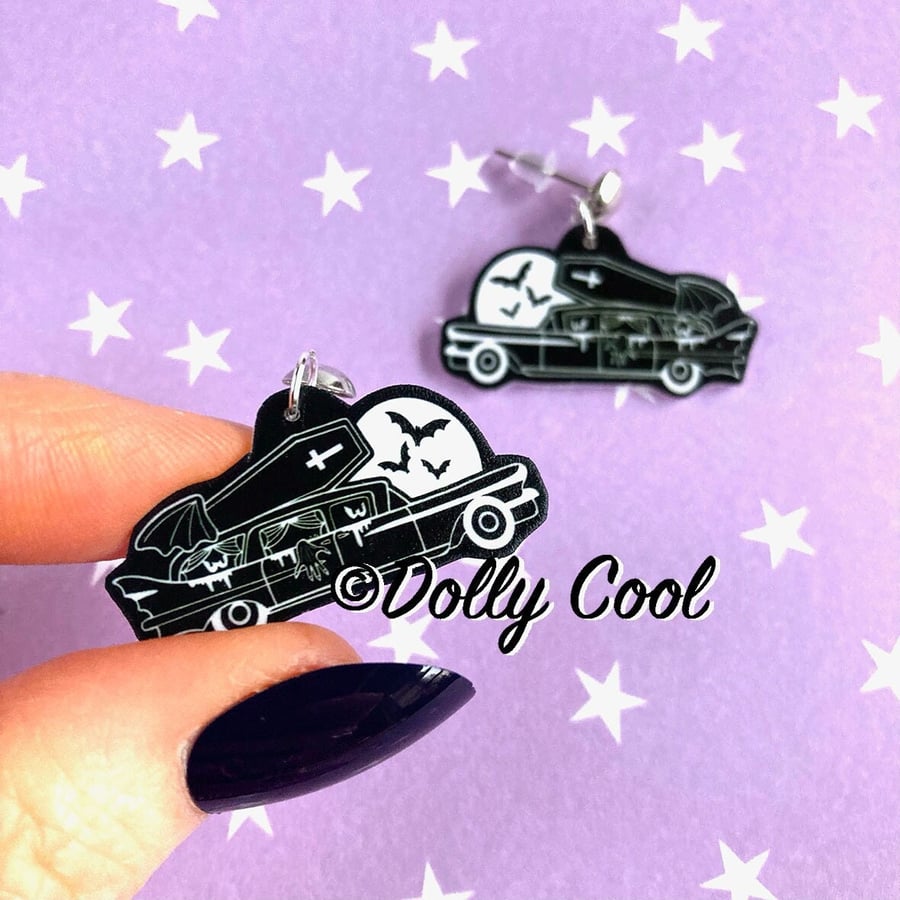 Haunted Hearse Car Earrings by Dolly Cool - Rockabilly - 50s Car - VLV - Cadilla