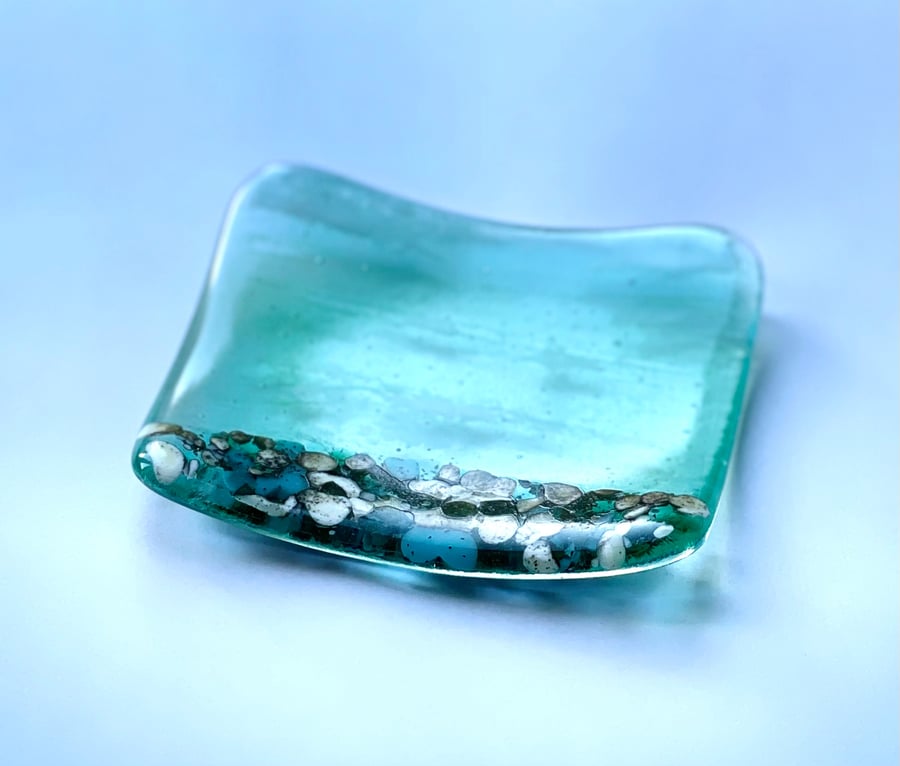 Aqua iridescent sea fused glass trinket dish