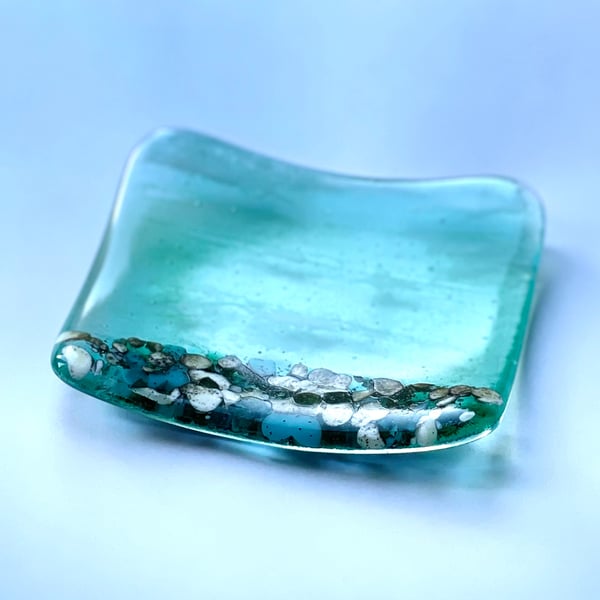 Aqua iridescent sea fused glass trinket dish