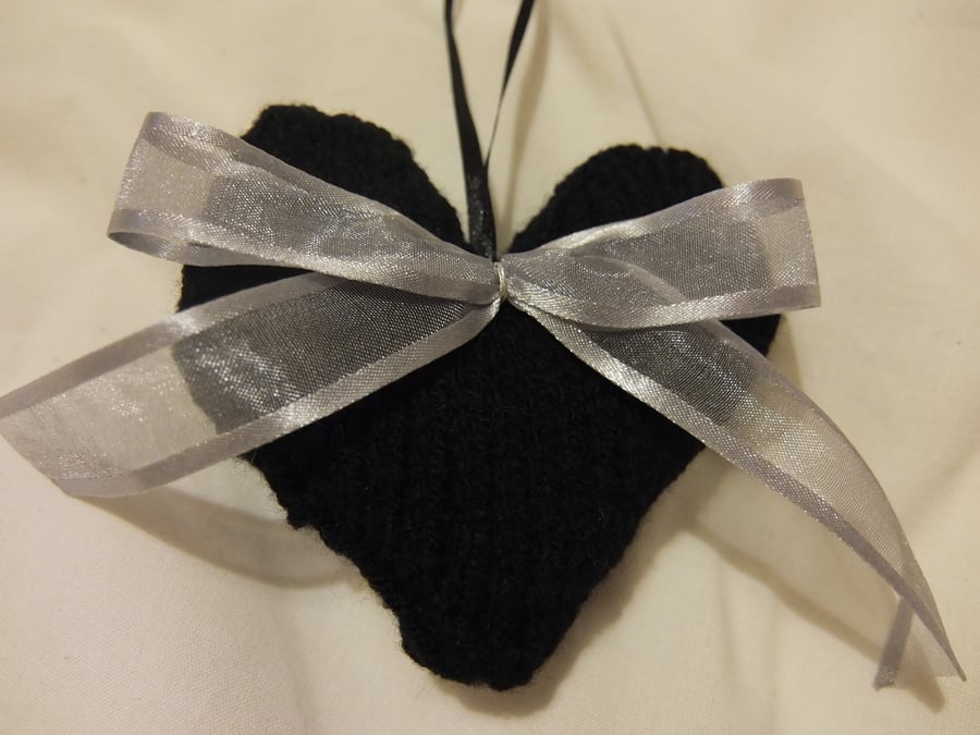 Hand knitted Black & Silver hanging heart, Black heart, Black knitted heart,