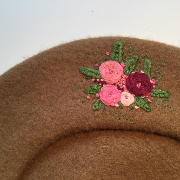 Camel coloured, Pure New Wool, Woolmark, Embroidered Beret.