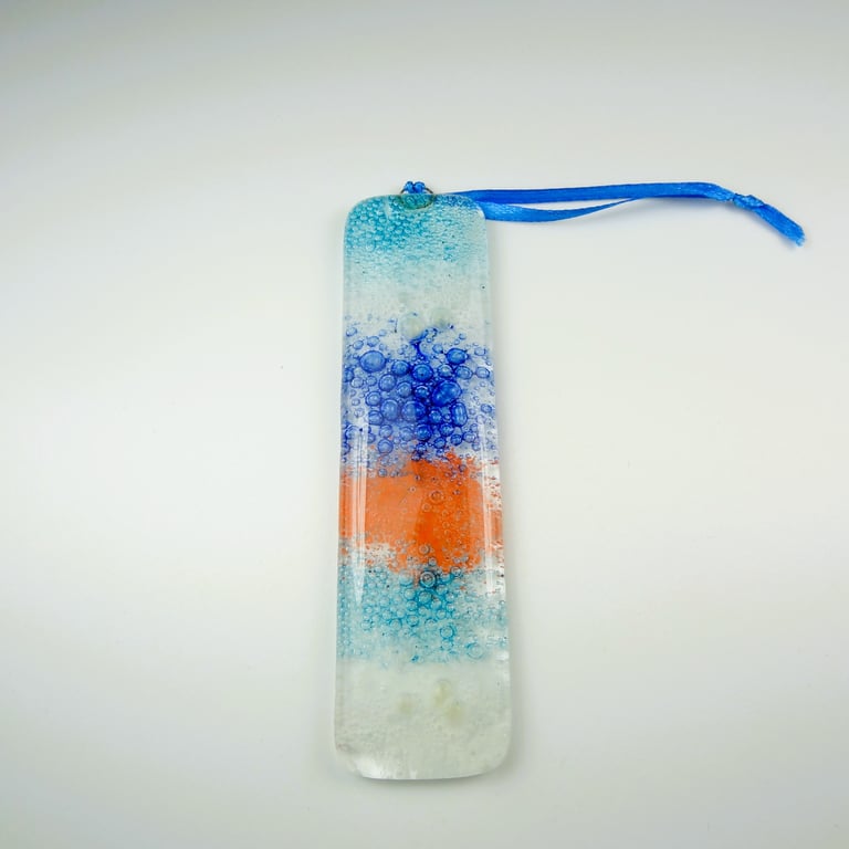 Blue white orange bubble fused glass suncatcher, handcrafted, 3x12cm (0132)