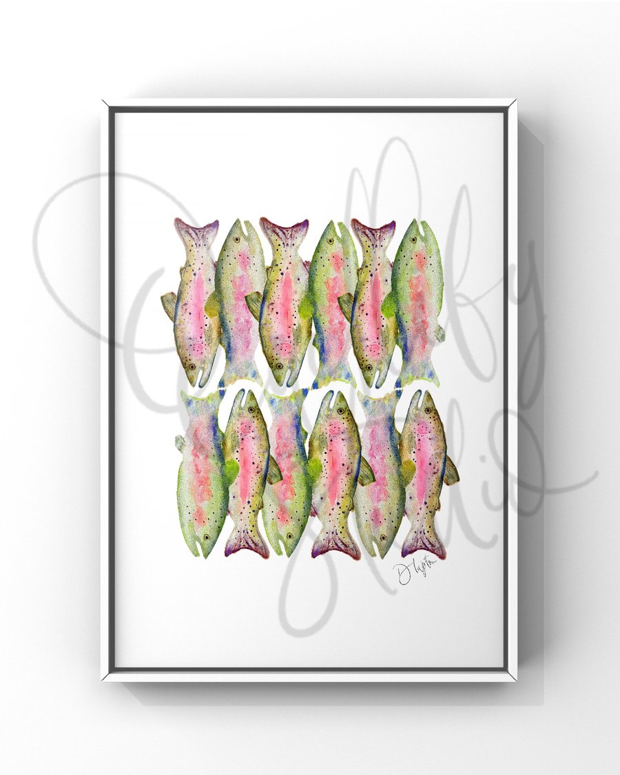 Hand Finished Watercolour Signed Art Print - Rainbow Trout Dozen