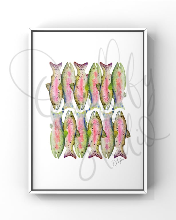 Hand Finished Watercolour Signed Art Print - Rainbow Trout Dozen