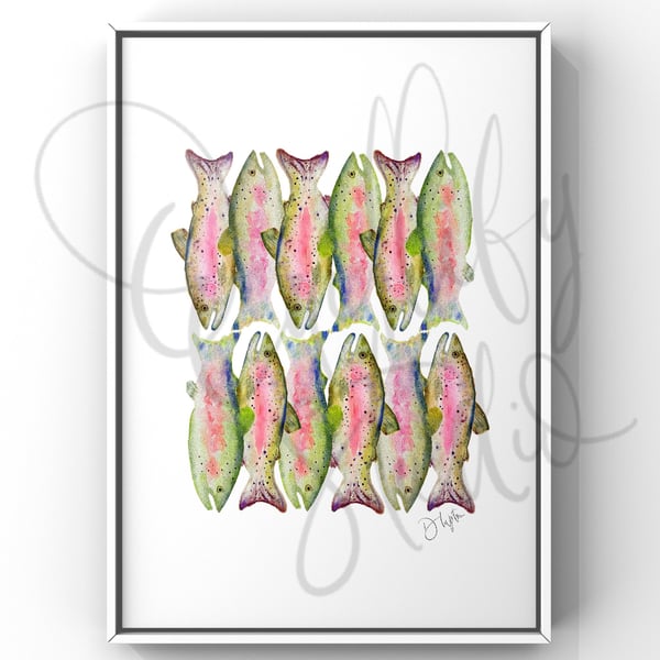 Hand Finished Watercolour Signed Art Print - Rainbow Trout Dozen