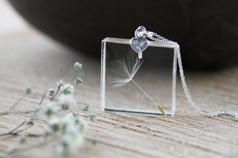 Real Dandelion Necklace with Stamped Wish Heart - Sterling Silver