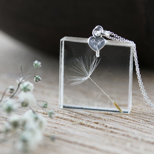 Real Dandelion Necklace with Stamped Wish Heart - Sterling Silver