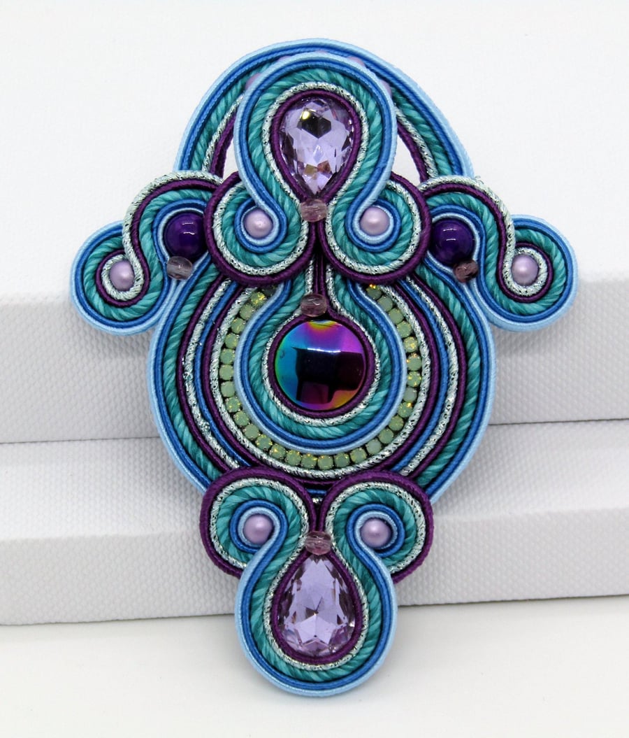 Large Soutache Brooch Blue Purple Statement Brooch Handmade UK