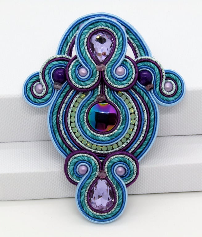 Large Soutache Brooch Blue Purple Statement Brooch Handmade UK
