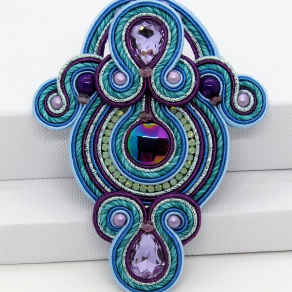 Large Soutache Brooch Blue Purple Statement Brooch Handmade UK