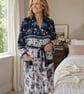 Bath robe upcycled textile kimono style blue and cream floral dressing gown - Image 1