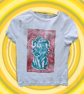 Handprinted lino Jester cat upcycled small cropped tee 
